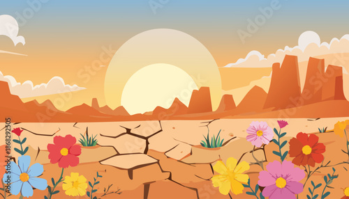 Desert Sunset Oasis: A vibrant, colorful cartoon scene of a desert landscape at sunset, showcasing cracked earth, blooming flowers, and majestic rock formations under a warm, inviting sky. 