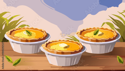 Savory Tart Trio: A delectable array of three golden tarts, artfully arranged, promising a symphony of flavors and textures for an intimate culinary experience.