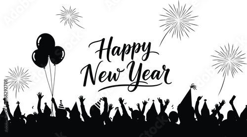 Celebrating the new year with fireworks balloons and a jubilant crowd