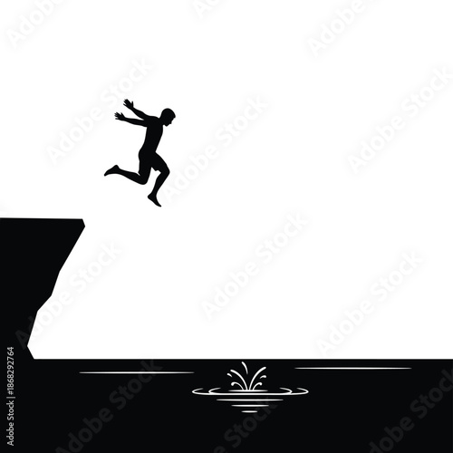 Cliff jumping silhouette of man leaping into water