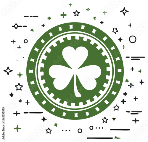 Green Shamrocks Coin Emblem with Stars and Festive Sparkles