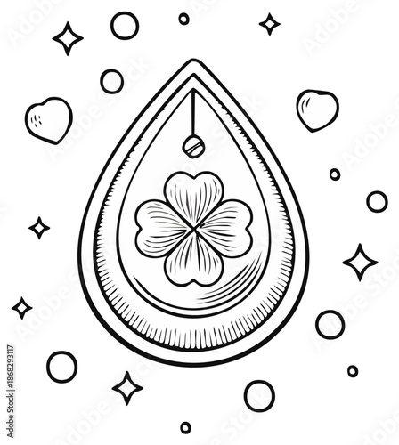 Hand Drawn Four Leaf Clover Amulet with Hearts and Sparkles Coloring Page Illustration