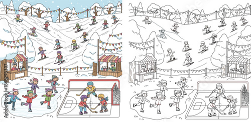 Cartoon winter landscape with children skiing, ice skating and playing hockey, colored scene and black and white outline coloring page vector illustration