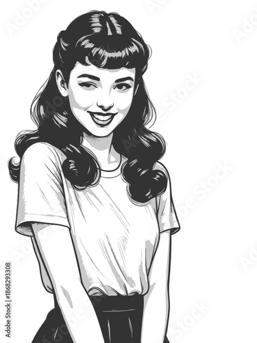cheerful retro girl winking, styled with classic 1950s fashion and wavy hairstyle sketch engraving generative ai fictional character vector illustration. Scratch board imitation. Black and white image