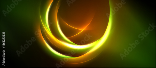 Abstract design features vibrant glowing curves. Green, orange, yellow hues blend into dark background. Smooth gradients create dynamic visual effect.