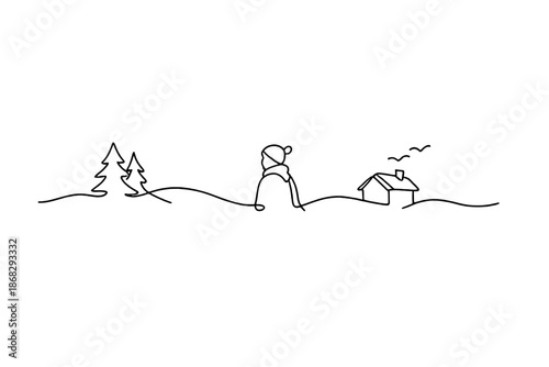 Winter Evening Silhouette. Evening glow winter silhouette. Minimalistic one-line drawing silhouette framed by