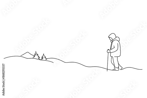 Minimalist Winter Silhouette. Snowy landscape winter sunset silhouette. Minimalistic one-line drawing figure