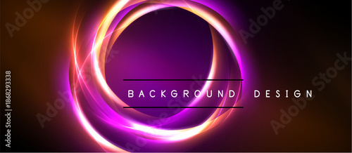 Abstract design features concentric glowing circles. Vibrant purple, orange hues dominate dark background. Text reads background design.