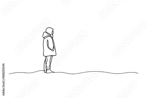 Winter Silhouette Elegance. Silhouette in winter sunset. Minimalistic one-line drawing solitary figure