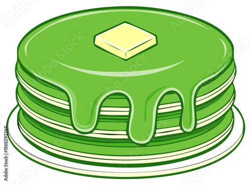 Vibrant green pancakes stack with dripping syrup and butter on a plate cartoon illustration