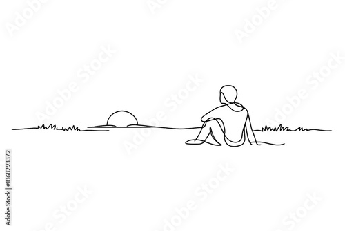 Frosty Sunset Silhouette. Frosty landscape sunset silhouette. Minimalistic one-line drawing figure on