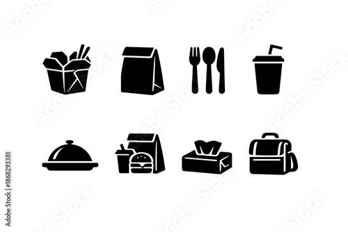 Street Food Icons. Street Food Takeaway. Filled icon set of Street Food Takeaway: takeout box, paper bag,