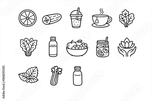 Detox Foods Icons. Detox Foods. Line outline icon set of detox foods: lemon slice, cucumber, green smoothie,
