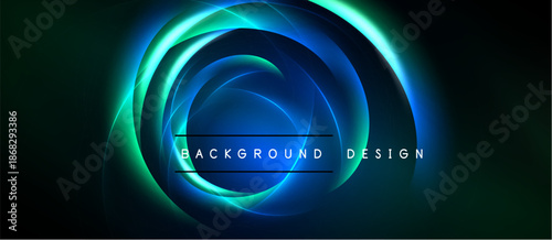 Abstract design features glowing circular layers. Dark background emphasizes vibrant blue, green hues. Text reads background design.