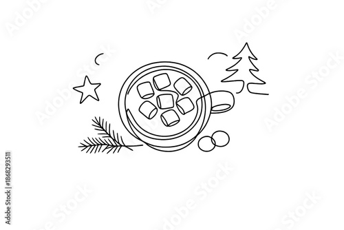 Nordic Hot Chocolate. Nordic hot chocolate flat lay. Minimalistic one-line drawing Nordic-style top view of