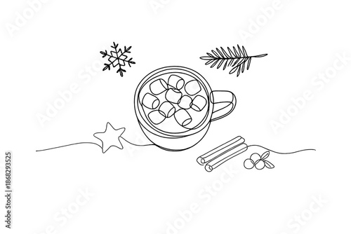 Minimalist Hot Chocolate Art. Winter beverage flat lay. Minimalistic one-line drawing hot chocolate cup with