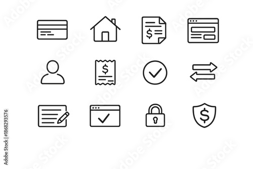 Billing Icons Grid. Billing Information. Line outline icon set of billing information: credit card, billing