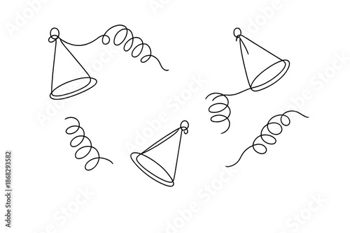 Minimalist Party Essentials. Celebration accessories flat lay. Minimalistic one-line drawing party hats and