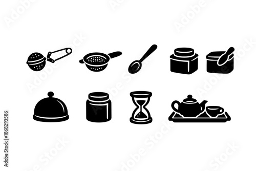 Tea Accessories Icons. Tea Accessories. Filled icon set of Tea Accessories: tea infuser, strainer, tea spoon,