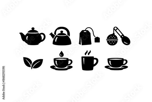 Tea Brewing Icons. Tea Brewing. Filled icon set of Tea Brewing: teapot, kettle, tea bag, tea infuser, tea
