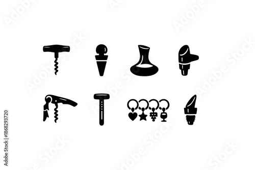 Wine Accessories Icons. Wine Accessories. Filled icon set of Wine Accessories: corkscrew, wine stopper,