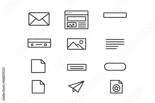 Email Template Icons. Email Templates. Line outline icon set of email templates: email envelope, design layout