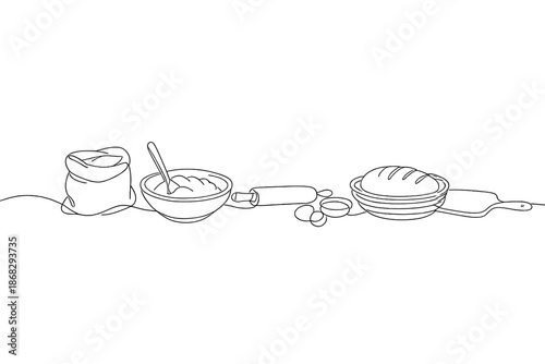 Minimalist Bread Baking. Rustic home bread baking. Minimalistic one-line drawing rustic bread preparation with