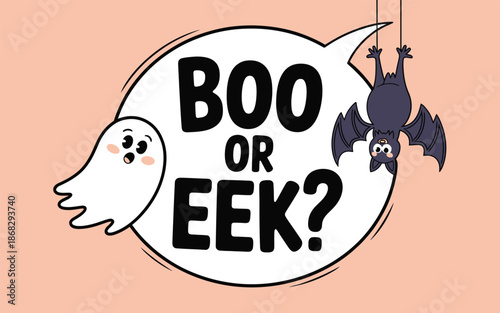 Cartoon Ghost and Bat with Boo or Eek Speech Bubble, Cute Halloween Illustration for Trivia or Games