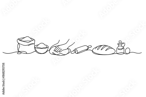 Minimalist Bread Baking. Winter bread baking scene. Minimalistic one-line drawing cozy home baking of bread