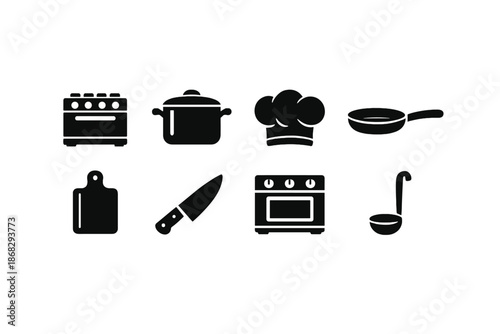 Restaurant Kitchen Icons. Restaurant Kitchen. Filled icon set of Restaurant Kitchen: stove, cooking pot, chef