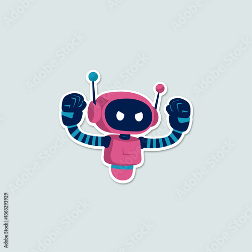 Angry pink robot with blue accents with fists up simple vector sticker