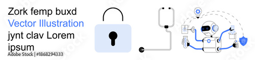 Cybersecurity, artificial intelligence, data protection, secure systems, technology innovation, automation. A lock and robot connected with technical elements. Cybersecurity and artificial