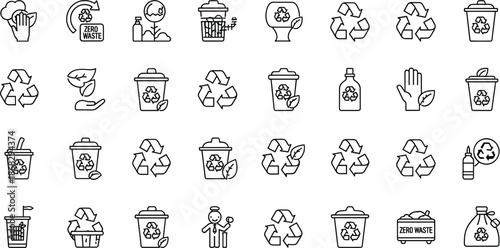 Assortment of outline icons related to recycling, zero waste, and environmental protection recycle trash