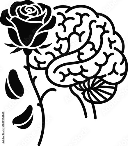 Human Brain with Rose Flower Vector Illustration for Mental Health Awareness Psychology Creativity and Emotional Intelligence Concept Isolated Minimalist Black Line Art Design Symbol of Logic and Lov