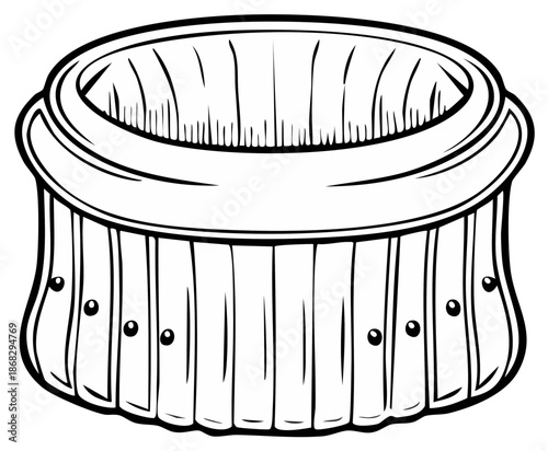 Black and white vector line art of a rustic wooden hot tub or outdoor soaking barrel