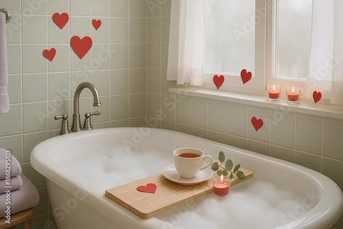 A serene bathroom setting with Valentine's Day accents. A bubble bath with a tray with a cup of tea, a small candle and a sprig of eucalyptus on the edge.