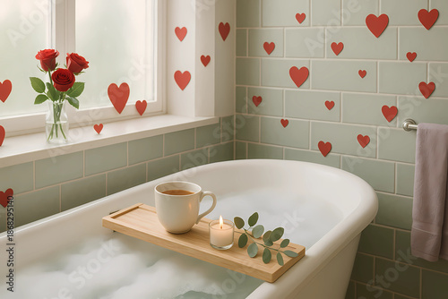 A serene bathroom setting with Valentine's Day accents. A bubble bath with a tray with a cup of tea, a small candle and a sprig of eucalyptus on the edge.