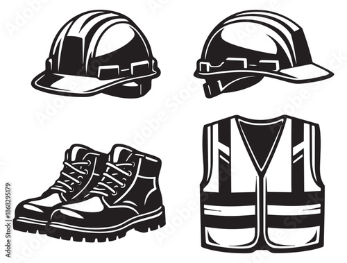 Bold line art safety gear set featuring hard hats, safety boots, and a high visibility vest for industrial safety and construction