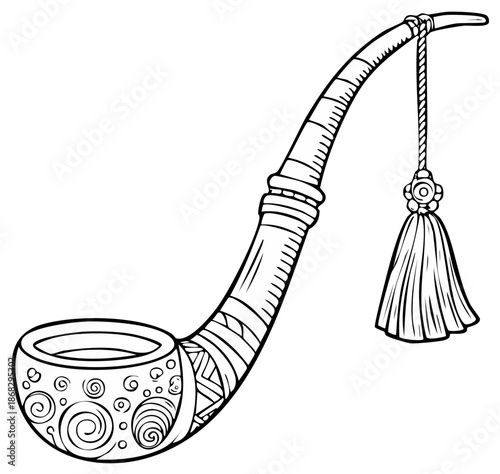 Detailed line drawing of a clay smoking pipe with patterns and a hanging tassel, suitable for coloring books or cultural illustrations.