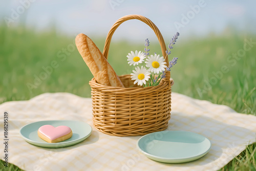 A picnic on Valentine's Day. On the yellow bedspread is a basket with a baguette, two mint-colored plates and a bouquet of daisies and lavender. Background - green grass and blue sky