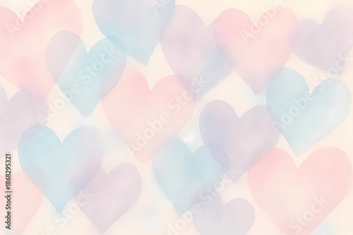 Pale pink, pale blue and lavender watercolor paints gently lay on textured paper, forming organic hearts.