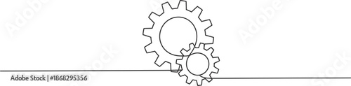 Single continuous line drawing of gear wheel in minimalist outline style, mechanical one line vector illustration