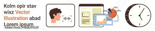 Data visualization, technology, productivity, speech analysis, time tracking, digital tools. Person with sound waves, charts graphs and a clock. Data visualization and technology concept