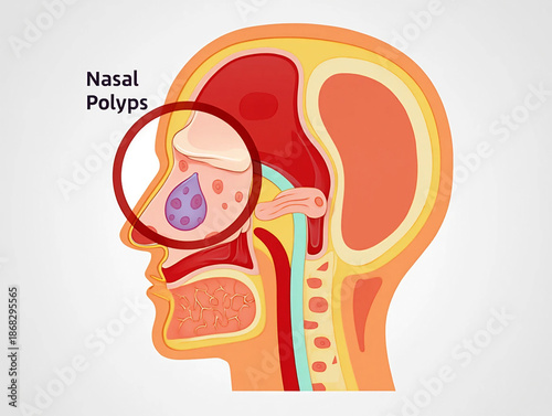 Illustration of human nasal cavity showing nasal polyps within a red circle anatomy