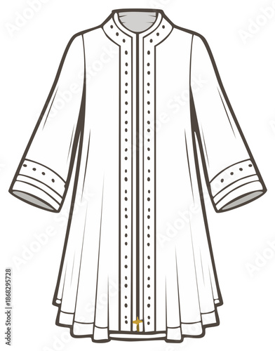 Outline drawing of a light tunic with decorative piping and button closure, fashion sketch