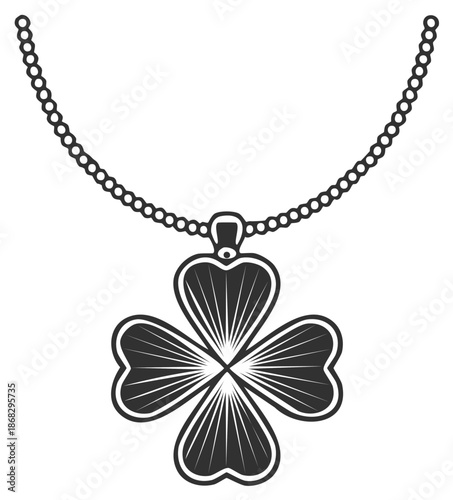 Elegant silver necklace with a four leaf clover pendant, symbol of Irish luck and St. Patrick's day celebration.
