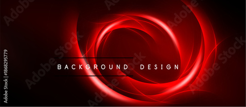 Abstract red design features swirling lines, glowing effect. Dark background emphasizes bright central elements. Text reads background design.