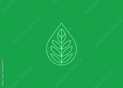 A leaf and water drop line art logo with smooth minimal strokes, symbolizing nature, purity, sustainability, balance, and life