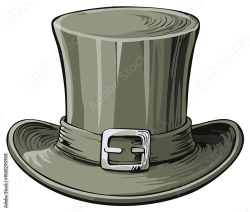 Stylized green top hat with a metallic buckle and brim