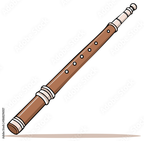 Illustration of a brown wooden flute wind instrument with finger holes, a musical woodwind device